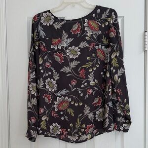 LOFT Black Floral Blouse with Red and Green Accents